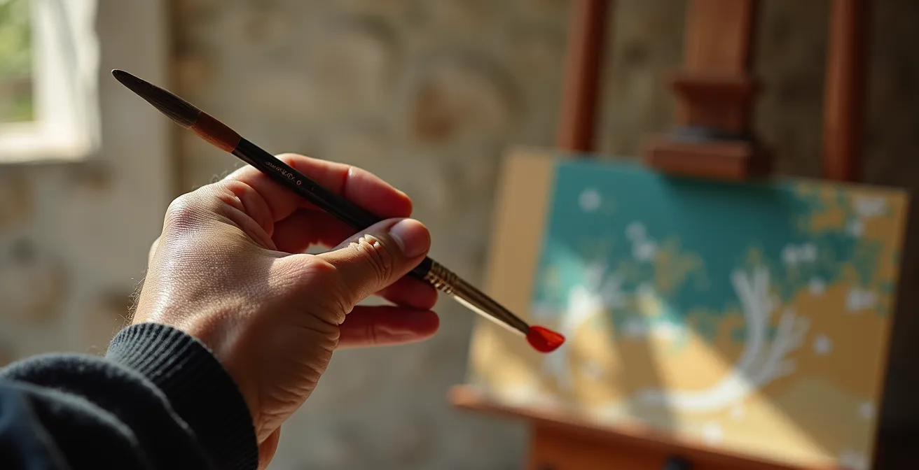 Artist's hand holding paintbrush in sunlit Mougins studio
