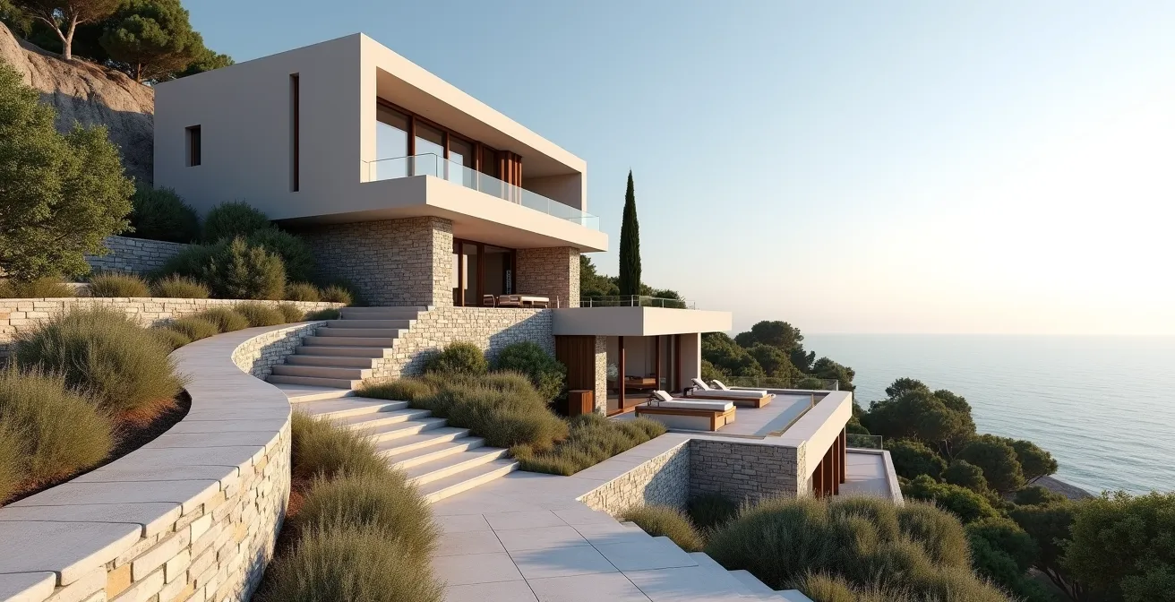 Terraced luxury villa built into Mougins hillside with multiple outdoor levels