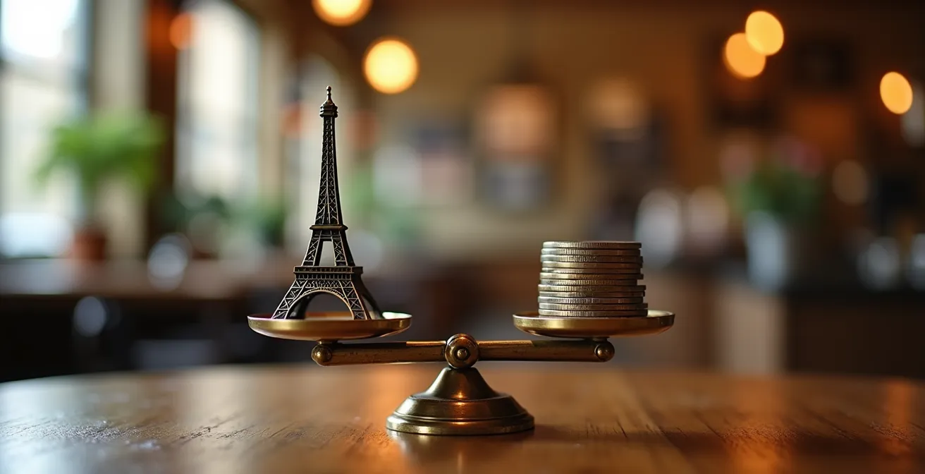 Abstract composition showing balance between time and money with Paris landmarks