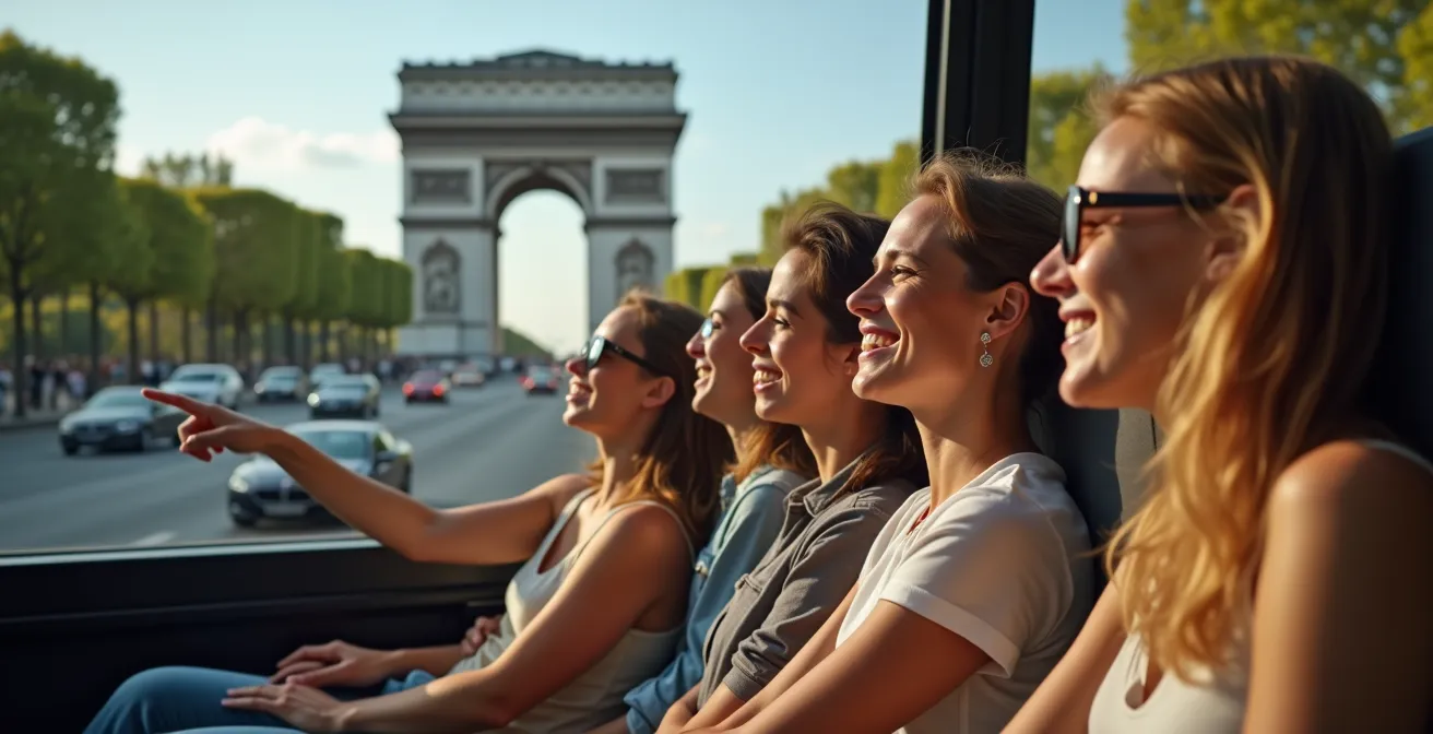 Tourists sitting comfortably on an open-top bus passing by Arc de Triomphe