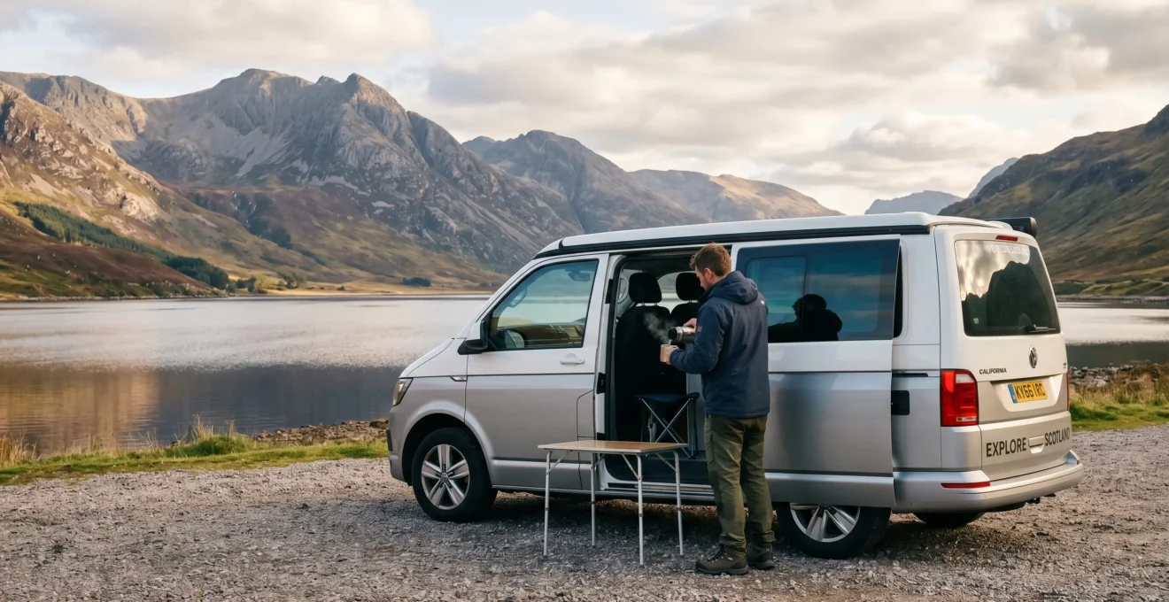 Campervan parked beside a Scottish Highland loch with person standing at open side door pouring morning coffee, mountains and cloudy sky in background demonstrating remote wild camping capability