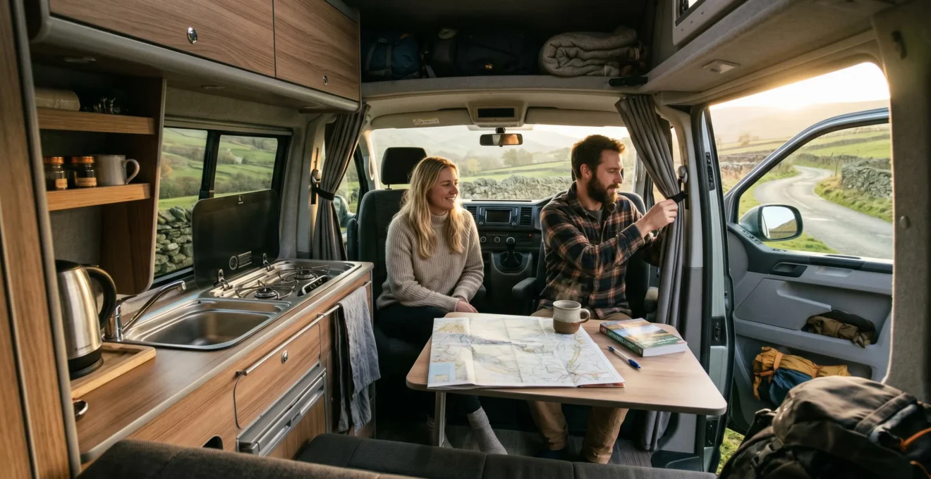 Interior of a modern campervan showing integrated kitchenette with sink and hob, convertible seating area with table set with map and mug, and UK countryside visible through windows in warm afternoon light