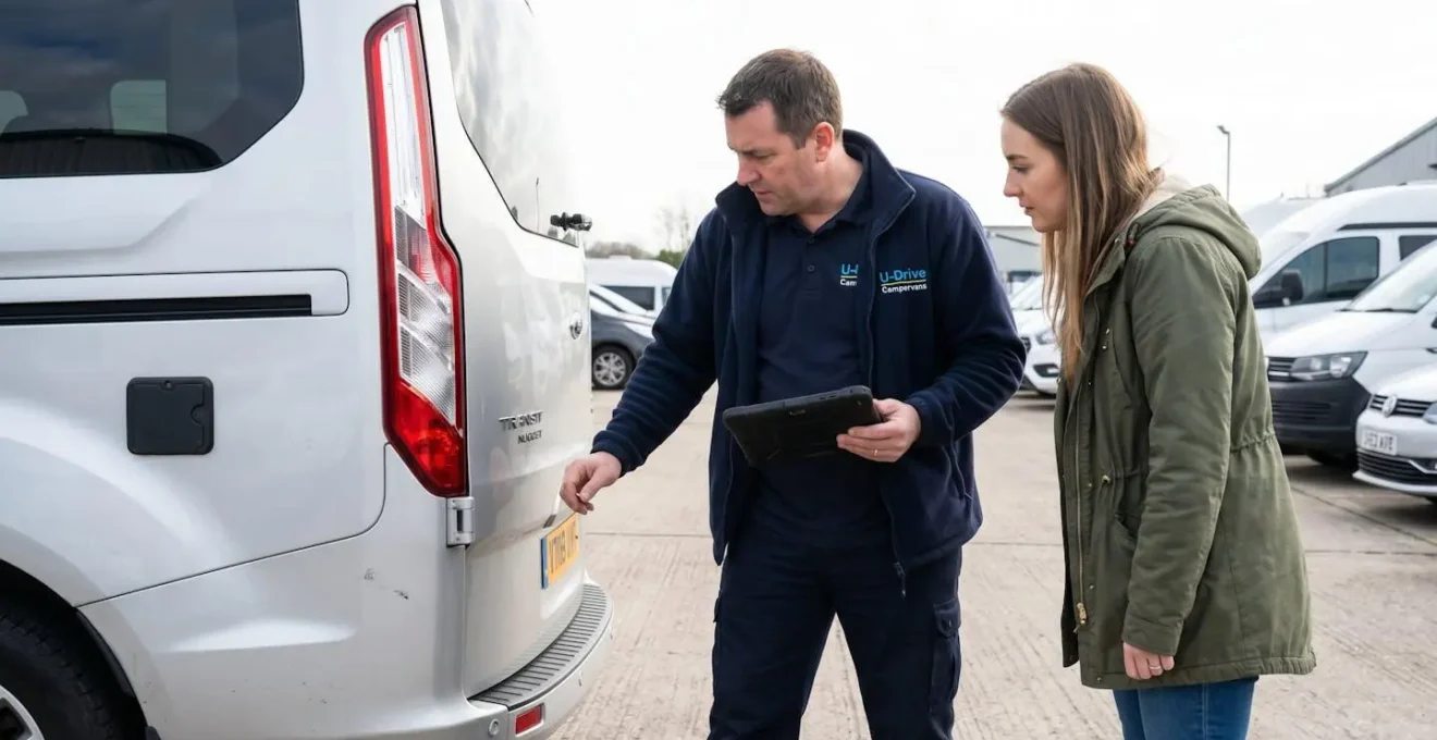 Rental staff member and customer walking together around a campervan at a depot, both looking at the rear panel during pre-departure vehicle inspection, with tablet held by staff
