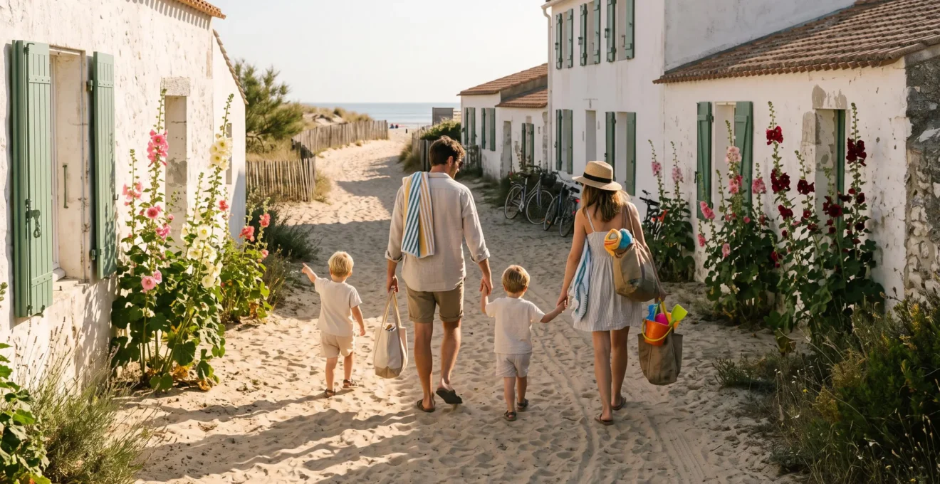 Une famille avec deux enfants marche vers la plage entre les maisons blanches de l'Île de Ré.