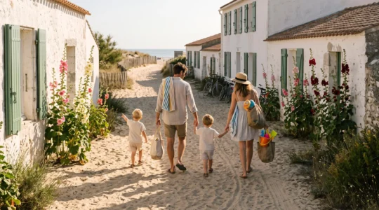 Une famille avec deux enfants marche vers la plage entre les maisons blanches de l'Île de Ré.