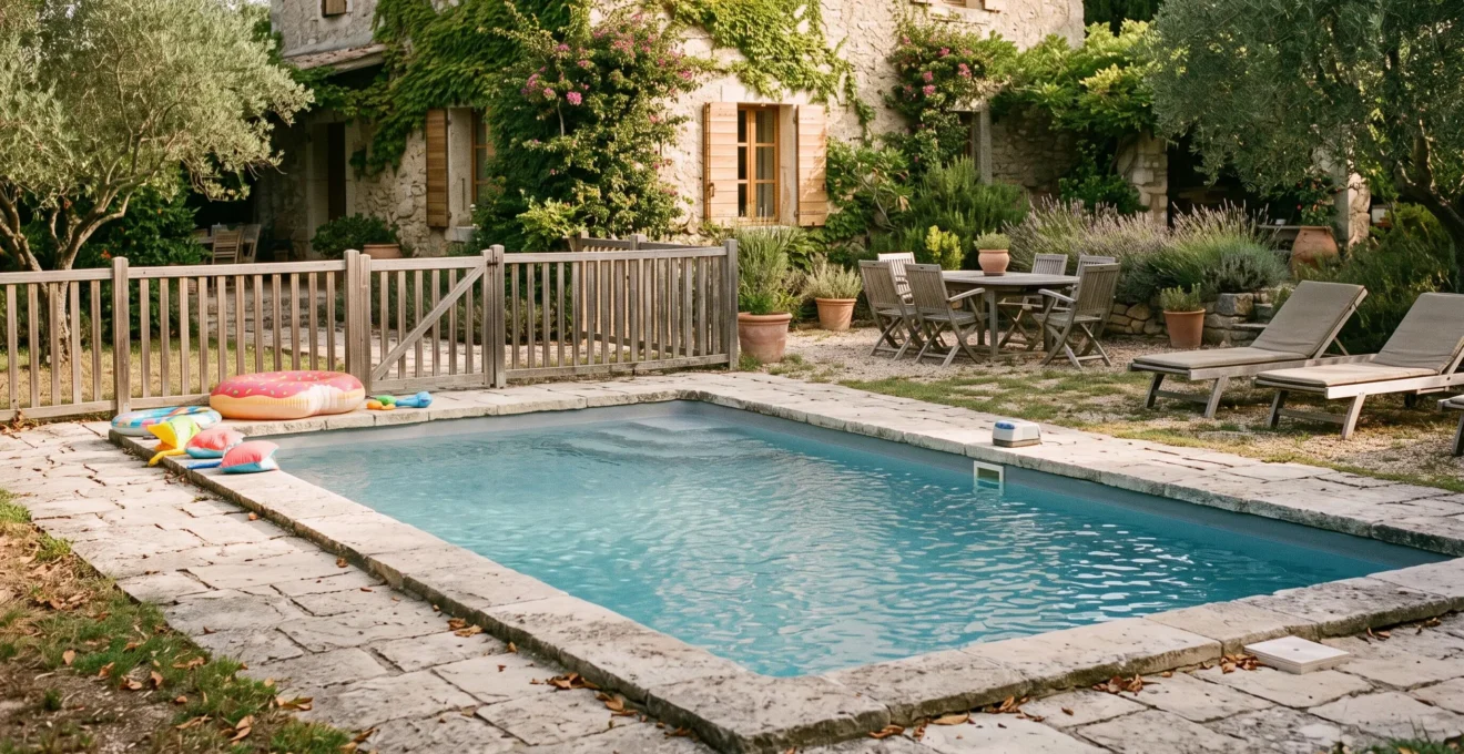 Une piscine sécurisée avec barrière et jouets d'enfants dans le jardin d'une villa.